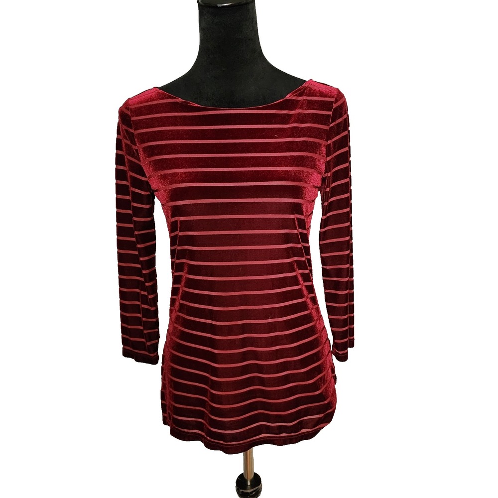 LRL Lauren Ralph Lauren Small Burgundy Velvet Burnout Striped Holiday Office Top